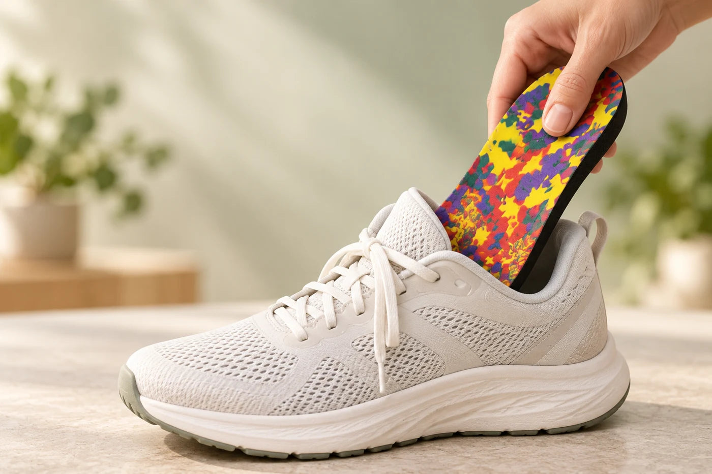 An ArchFeet orthotic insert being placed into a shoe